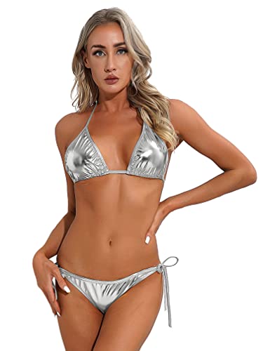 Agoky Damen Bikini Set Zweiteilige Metallic Glitzer Badeanzug mit Push Up Bikinioberteil und Triangel Bikinihose Sexy Halter Bademode Silber H Einheitsgröße von Agoky