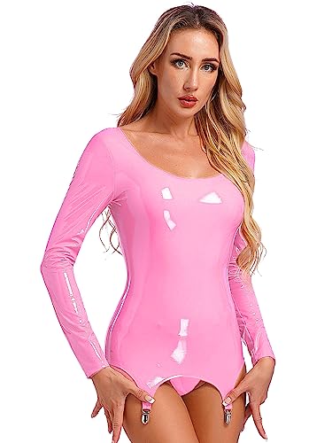 Agoky Damen Bodycon Kleid Sexy Wetlook Lack Leder Dessous Nachtkleid Rollkragen Ärmellos Minikleid Kurz Rock Gogo Tanz Clubwear Rosa M XXL von Agoky