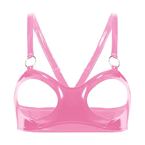 Agoky Damen Bügelloser BH Wetlook Bra Nippelfrei Bustier Top ohne Cups mit Zipper Sexy Nachtwäsche Clubwear Rosa C S von Agoky