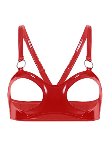 Agoky Damen Bügelloser BH Wetlook Bra Nippelfrei Bustier Top ohne Cups mit Zipper Sexy Nachtwäsche Clubwear Rot C L von Agoky