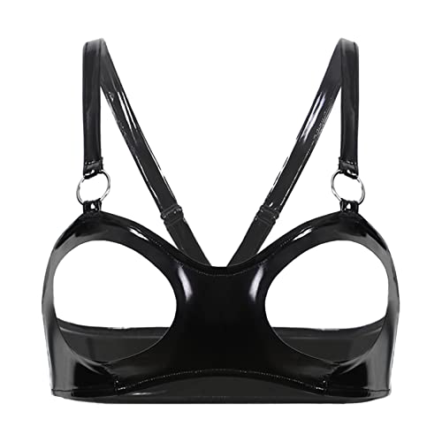 Agoky Damen Bügelloser BH Wetlook Bra Nippelfrei Bustier Top ohne Cups mit Zipper Sexy Nachtwäsche Clubwear Schwarz C 3XL von Agoky