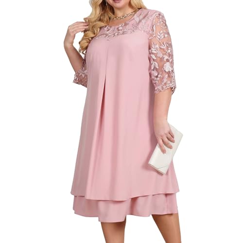 Agoky Damen Chiffon Tunika Kleid Spitzen Halbarm Partykleid Sommer Brautjungfernkleid Kurz Knielang Abendkleider Cocktailkleid Hochzeit Outfits gr. L-4XL Rosa L von Agoky