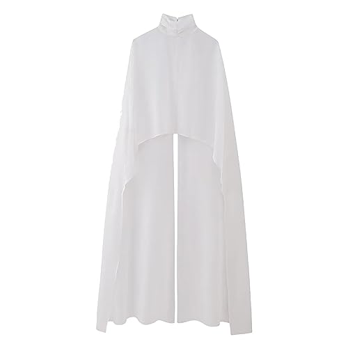 Agoky Damen Chiffon Umhang Cape Vorne Kurz Hinten Lang Stehkragen Umschlagtücher Stole Elegant Hochzeit Party Braut Schulterjacke Sommer Schals Weiß Einheitsgröße von Agoky