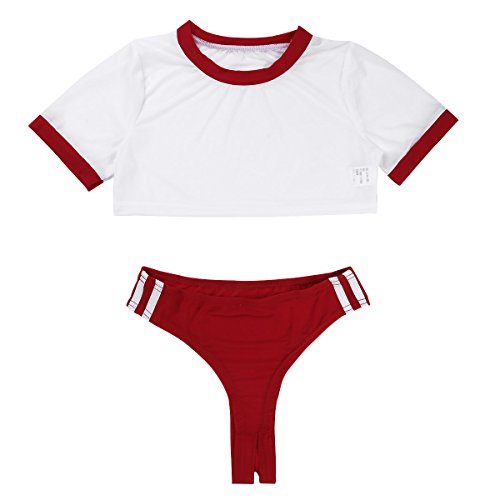 Agoky Damen Crop Top und Ouvert-Slip Schulmädchen Uniform Rock Sexy Nachtwäsche Transparent Dessous Set Gogo Tanz Outfits Clubwear Rot One Size von Agoky