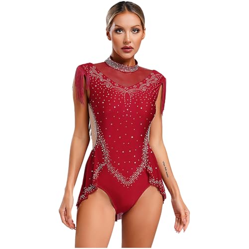 Agoky Damen Eiskunstlauf Kleid Ärmellos Rollkragen Ballettkleid Glitzer Strass Tanz Gymnastik Leotard Trikot mit Rock Fransen Eislaufen Bekleidung Burgundy L von Agoky