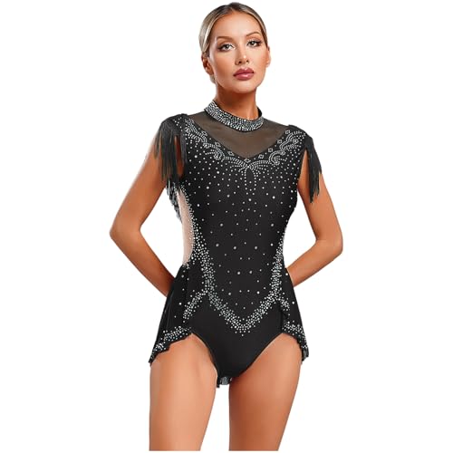 Agoky Damen Eiskunstlauf Kleid Ärmellos Rollkragen Ballettkleid Glitzer Strass Tanz Gymnastik Leotard Trikot mit Rock Fransen Eislaufen Bekleidung Schwarz L von Agoky