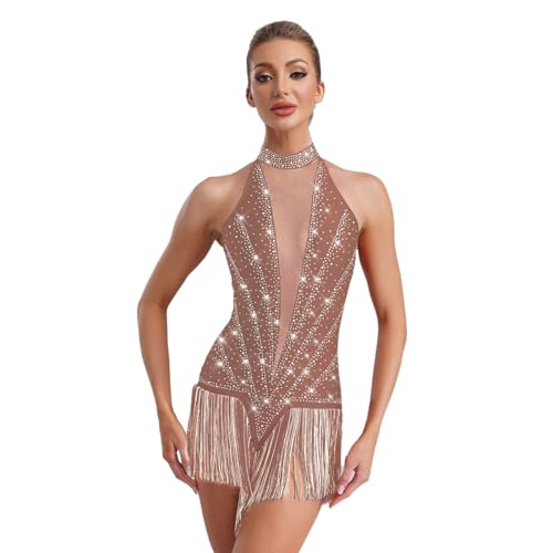 Agoky Damen Eiskunstlauf Kleid Neckholder Ballettkleid Glitzer Tanzkleid Gymnastik Leotard Turn Trikot mit Fransen Rock Rollschuh Eislaufen Bekleidung Altrosa XXL von Agoky