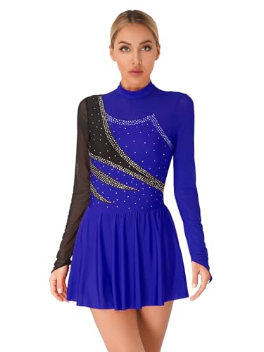 Agoky Damen Eiskunstlauf Kleider Langarm Tanzkleider mit Glitzer Streifen Mesh Spleiß Turnanzug Stehkragen Gymnastikanzug mit Tutu Rock Slip Dancewear Königsblau XL von Agoky