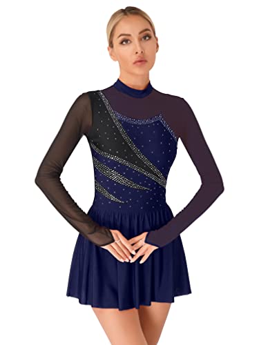 Agoky Damen Eiskunstlauf Kleider Langarm Tanzkleider mit Glitzer Streifen Mesh Spleiß Turnanzug Stehkragen Gymnastikanzug mit Tutu Rock Slip Dancewear Navy blau S von Agoky