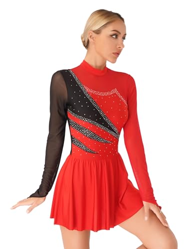 Agoky Damen Eiskunstlauf Kleider Langarm Tanzkleider mit Glitzer Streifen Mesh Spleiß Turnanzug Stehkragen Gymnastikanzug mit Tutu Rock Slip Dancewear Rot S von Agoky