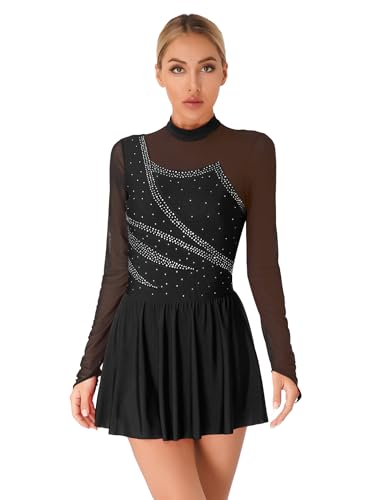 Agoky Damen Eiskunstlauf Kleider Langarm Tanzkleider mit Glitzer Streifen Mesh Spleiß Turnanzug Stehkragen Gymnastikanzug mit Tutu Rock Slip Dancewear Schwarz L von Agoky