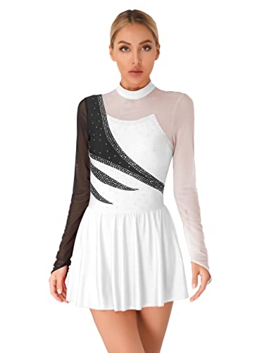 Agoky Damen Eiskunstlauf Kleider Langarm Tanzkleider mit Glitzer Streifen Mesh Spleiß Turnanzug Stehkragen Gymnastikanzug mit Tutu Rock Slip Dancewear Weiß M von Agoky