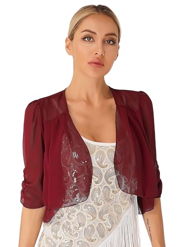 Agoky Damen Eleganter Bolero Festlich Spitzen/Chiffon Jacke Transparent Schulterjacke Kurzes Jäckchen in Schwarz Weiß Burgundy I S von Agoky