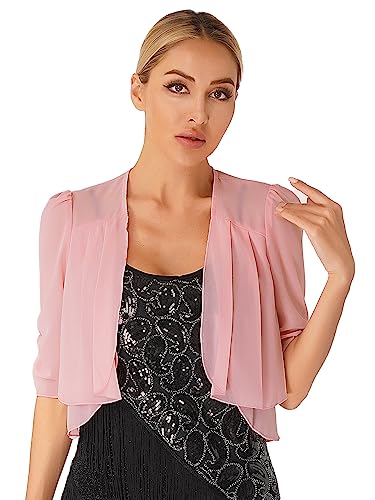 Agoky Damen Eleganter Bolero Festlich Spitzen/Chiffon Jacke Transparent Schulterjacke Kurzes Jäckchen in Schwarz Weiß Rosa I XL von Agoky