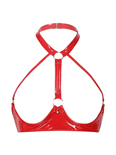 Agoky Damen Erotik BH Brust Offene Dessous Lack Leder Strappy Bra Bandage Fesseln Top Brust Harness Gogo Clubwear S-XL Rot S von Agoky