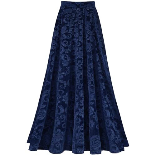 Agoky Damen Festlich Samt Rock Midi Lang Faltenrock mit Blumenmuster Abendrock Elastische Taille Partyrock Latein Modern Swing Tanzrock Blau XL von Agoky