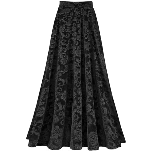 Agoky Damen Festlich Samt Rock Midi Lang Faltenrock mit Blumenmuster Abendrock Elastische Taille Partyrock Latein Modern Swing Tanzrock Schwarz M von Agoky