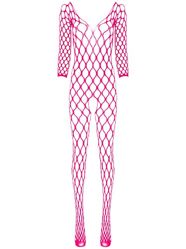 Agoky Damen Fishnet Bodysuit Durchsichtig Ganzkörper Jumpsuit Overalls mit Netzstrumpfhose Ouvert Pantyhose Reizvolle Nachtwäsche Hot Pink Grob Einheitsgröße von Agoky