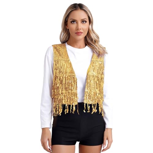 Agoky Damen Fransenweste Glänzend Pailletten Weste Open Front Gilet Modern Tanz Waistcoat Ärmellos Jacke Mantel Blazer Outerwear Gold XXL von Agoky