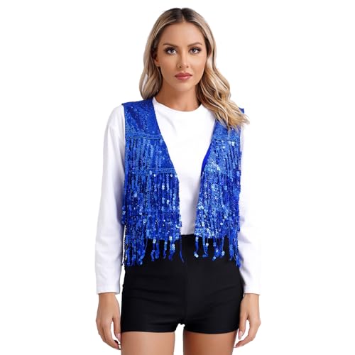 Agoky Damen Fransenweste Glänzend Pailletten Weste Open Front Gilet Modern Tanz Waistcoat Ärmellos Jacke Mantel Blazer Outerwear Königsblau XL von Agoky
