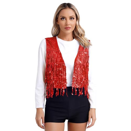 Agoky Damen Fransenweste Glänzend Pailletten Weste Open Front Gilet Modern Tanz Waistcoat Ärmellos Jacke Mantel Blazer Outerwear Rot M von Agoky