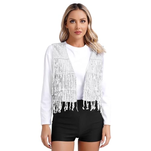 Agoky Damen Fransenweste Glänzend Pailletten Weste Open Front Gilet Modern Tanz Waistcoat Ärmellos Jacke Mantel Blazer Outerwear Silber XXL von Agoky