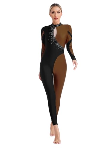 Agoky Damen Ganzkörper Gymnastikanzug Langarm Turnanzug Farbblock Jumpsuit Sport Body Ballett Tanz Eiskunstlauf Bekleidung Dancewear Braun S von Agoky