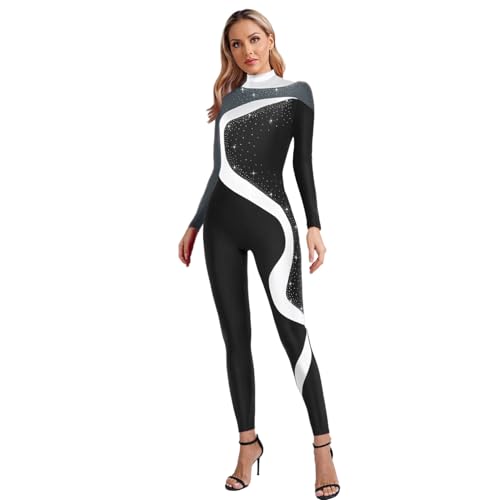 Agoky Damen Ganzkörper Turnanzug Langarm Gymnastikanzug mit Streifen Sport Jumpsuit Ballett Tanz Body mit Lange Hose Eiskunstlauf Bekleidung Schwarz L von Agoky