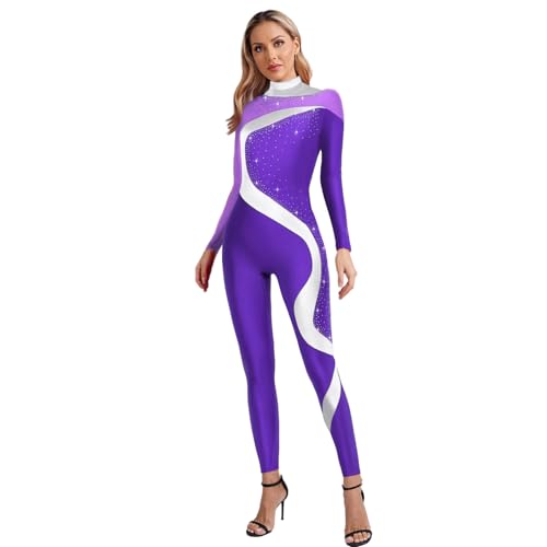 Agoky Damen Ganzkörper Turnanzug Langarm Gymnastikanzug mit Streifen Sport Jumpsuit Ballett Tanz Body mit Lange Hose Eiskunstlauf Bekleidung Violett M von Agoky