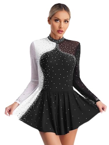 Agoky Damen Glänzend Eiskunstlauf Kleider Langarm Rollschuhkleider Farbblock Tanzkleider Elegant Glitzer Trikot Leotard mit Tutu Rock Dancewear Schwarz XXL von Agoky