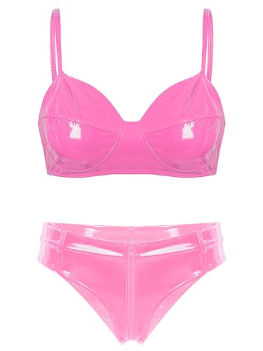 Agoky Damen Glänzend Lack Leder BH und Low Rise Slip String Tanga Bikini Dessous Set Erotische Lingerie Nachtwäsche Rosa S S von Agoky