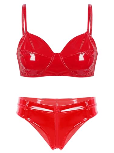 Agoky Damen Glänzend Lack Leder BH und Low Rise Slip String Tanga Bikini Dessous Set Erotische Lingerie Nachtwäsche Rot S L von Agoky