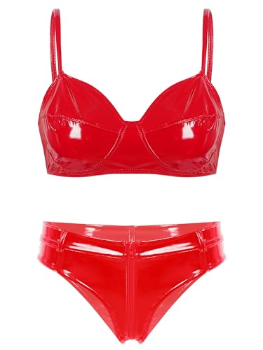 Agoky Damen Glänzend Lack Leder BH und Low Rise Slip String Tanga Bikini Dessous Set Erotische Lingerie Nachtwäsche Rot S XXL von Agoky