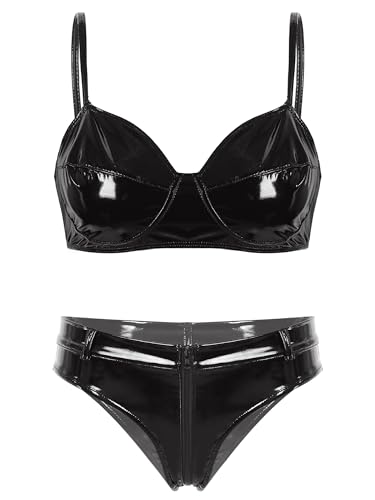 Agoky Damen Glänzend Lack Leder BH und Low Rise Slip String Tanga Bikini Dessous Set Erotische Lingerie Nachtwäsche Schwarz S 4XL von Agoky