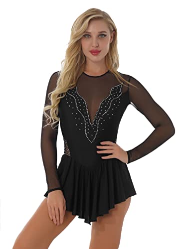 Agoky Damen Kleid Langarm/Kurzarm Eiskunstlauf Bekleidung Ballettkleid Tanz Gymnastik Leotard Trikot mit Skaterrock Schwarz F L von Agoky