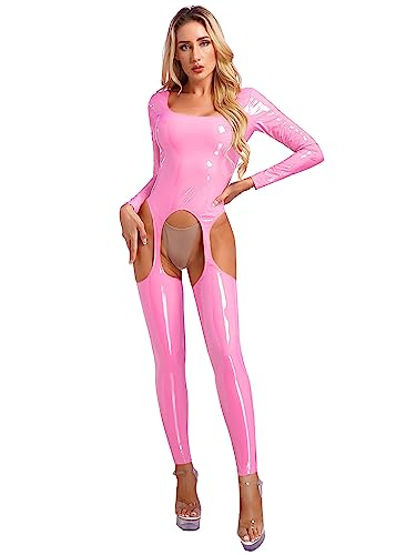 Agoky Damen Kunstleder Jumpsuit Overalls Slim Fit Ouvert Ganzkörperanzug Wetlook Body Offener Schritt mit Hosenträger Halterlose Strümpfe Clubwear Rosa 4XL von Agoky