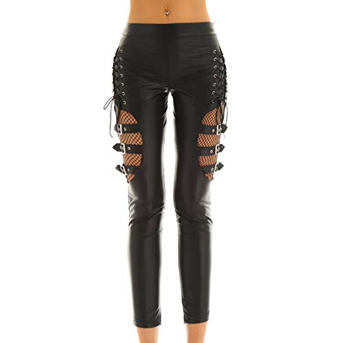 Agoky Damen Kunstlederhose Skinny Leggins Netz Socken Netzstrümpfe mit Schnürung mit Gürtel sexy Hose Leder-Optik Schwarz L von Agoky