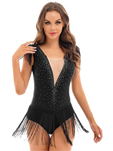 Agoky Damen Kurzarm Ballettanzug Ballett Trikot Strasssteine Tanz-Body Flapper Fransen Kleid Eiskunstlauf Bekleidung Schwarz XXL von Agoky