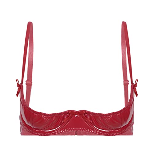 Agoky Damen Lack Leder Hebe BH Push up Bra mit einstellbarem Spagetti-träger Top Unterhemd Erotik Wäsche in Schwarz Rot C XXL von Agoky
