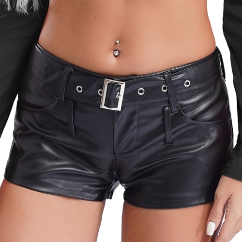 Agoky Damen Lack Leder Hotpants Metallic Kurze Hose Glänzende Mini Shorts mit Gürtel Schnalle Sommer Winter Disco Gogo Tanz Clubwear Schwarz M von Agoky