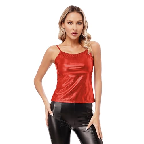 Agoky Damen Lack Tank Top glänzend Spaghetti Träger Shirt Unterhemden Wetlook Dessous Unterwäsche Clubwear S-XL Rot C Einheitsgröße von Agoky