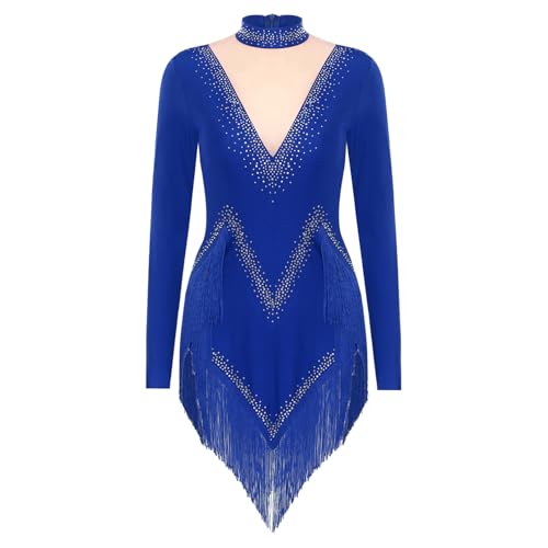 Agoky Damen Langarm Eiskunstlauf Kleider Rollkragen Tanzkleider mit Glitzer Mesh Spleiß Fransenkleid mit Unregelmäßig Tutu Rock Gymnastik Latein Kostüm Blau S von Agoky