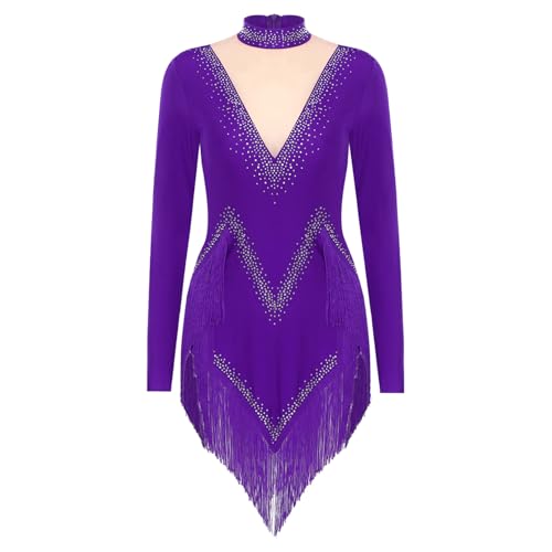 Agoky Damen Langarm Eiskunstlauf Kleider Rollkragen Tanzkleider mit Glitzer Mesh Spleiß Fransenkleid mit Unregelmäßig Tutu Rock Gymnastik Latein Kostüm Violett L von Agoky