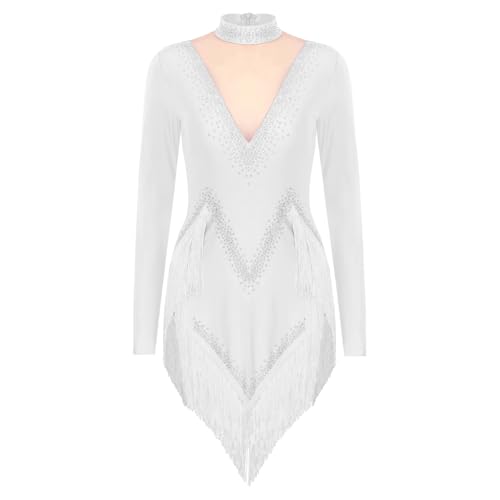 Agoky Damen Langarm Eiskunstlauf Kleider Rollkragen Tanzkleider mit Glitzer Mesh Spleiß Fransenkleid mit Unregelmäßig Tutu Rock Gymnastik Latein Kostüm Weiß M von Agoky