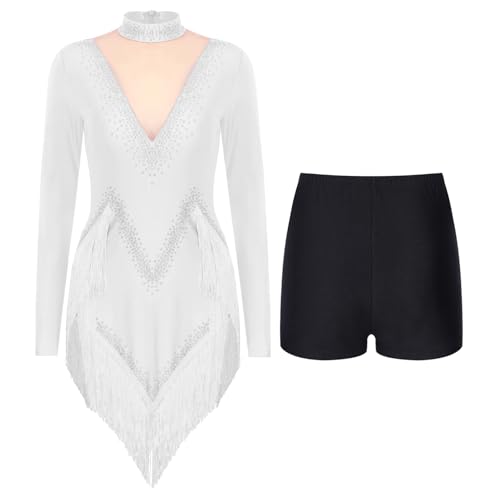 Agoky Damen Latein Tanzkleider Langarm Rollkragen Kleider Fransenkleider mit Unregelmäßig Rock Kurze Hose Rumba Samba Tanzkostüm Weiß XL von Agoky