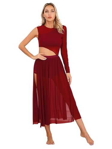 Agoky Damen Latein Tanzkleider Mesh Spleiß Ballettanzug Cut-Outs Ballett Trikot mit Langem Ballettrock Seitenschlitz Modern Walzer Kleider Burgundy L von Agoky