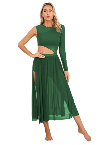 Agoky Damen Latein Tanzkleider Mesh Spleiß Ballettanzug Cut-Outs Ballett Trikot mit Langem Ballettrock Seitenschlitz Modern Walzer Kleider Grün XXL von Agoky