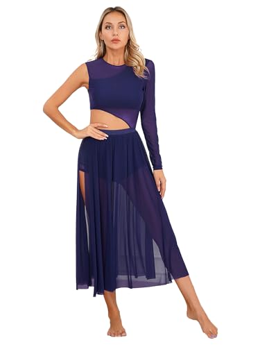 Agoky Damen Latein Tanzkleider Mesh Spleiß Ballettanzug Cut-Outs Ballett Trikot mit Langem Ballettrock Seitenschlitz Modern Walzer Kleider Navy blau M von Agoky