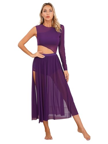 Agoky Damen Latein Tanzkleider Mesh Spleiß Ballettanzug Cut-Outs Ballett Trikot mit Langem Ballettrock Seitenschlitz Modern Walzer Kleider Violett M von Agoky
