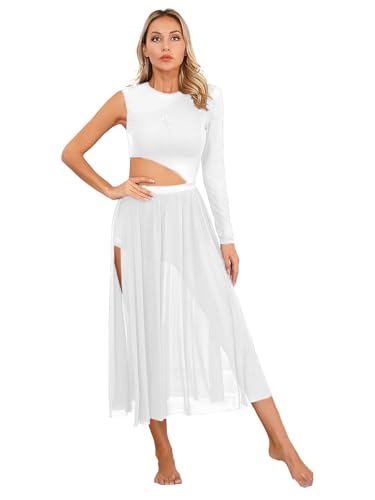 Agoky Damen Latein Tanzkleider Mesh Spleiß Ballettanzug Cut-Outs Ballett Trikot mit Langem Ballettrock Seitenschlitz Modern Walzer Kleider Weiß S von Agoky